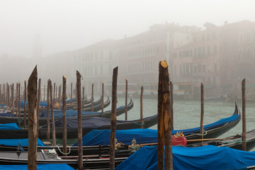 Gondolas on foggy Grand Canal