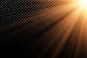 Stylish gold light effect on transparent dark background. Golden rays. Light in the dark. Bright explosion. Sunlight. Abstract light. Vector illustration.