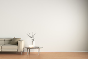 Interior of living room with beige leather sofa