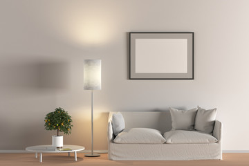 Blank poster in interior of living room with white fabric sofa, floor lamp and lemon tree in vase on wooden coffee table