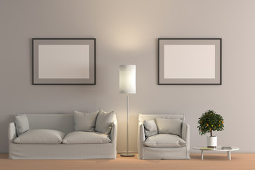 Blank poster in interior of living room with white fabric sofa, floor lamp and lemon tree in vase on wooden coffee table