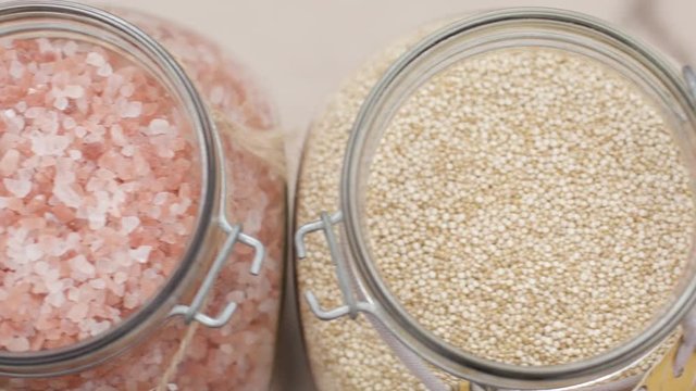 organic food in jars, sweeping right to left