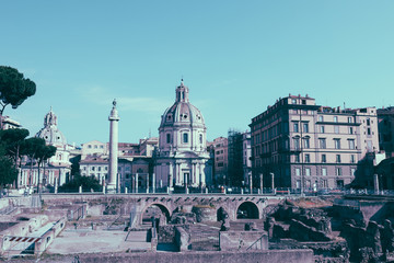 Panoramic view of Trajan's Forum and Column in Rome, far away the Church