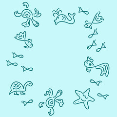 Doodle hand drawing background. Sea. Fish, sea turtles, starfish, whales. Frame. Vector illustration