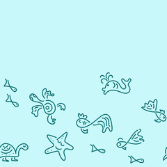 Doodle hand drawing background. Sea. Fish, sea turtles, starfish, whales. Seamless pattern, border. Vector illustration