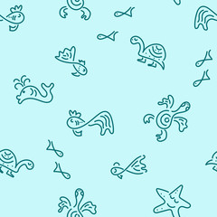 Doodle hand drawing background. Sea. Fish, sea turtles, starfish, whales. Seamless pattern, border. Vector illustration