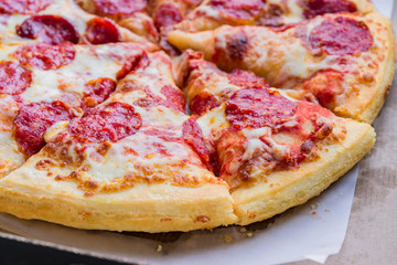 Traditional classic italian pepperoni pizza background texture