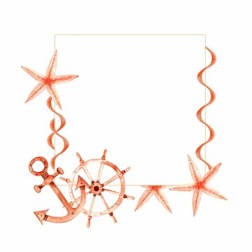 Watercolor sea frame with starfish, wheel, rope, anchor. Illustration. On white background.