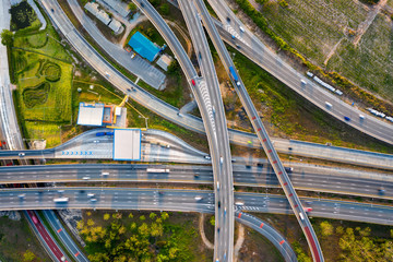 Aerial view and Top view. Traffic of expressways, motorways and highways