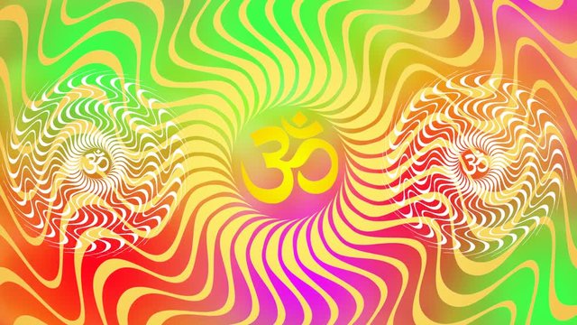 The rotation of the openwork circular mandala in yellow, green, red, purple  tone with the Aum / Ohm sign in the center. Video clip.
