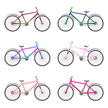 Set of bicycles with different coloring. Vector on white background