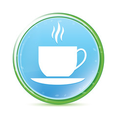 Coffee cup icon natural aqua cyan blue round button