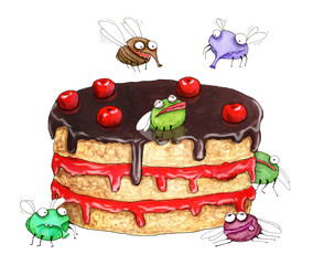 Funny flies and tasty cake - 258746929