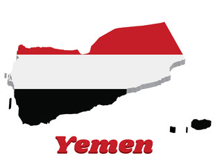 Fototapeta premium 3d Map outline and flag of Yemen, a horizontal tricolor of red, white and black.
