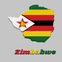 3d Map outline and flag of Zimbabwe,  seven horizontal stripes of green yellow red black with a black-edged white isosceles triangle bearing a bird on a red star.