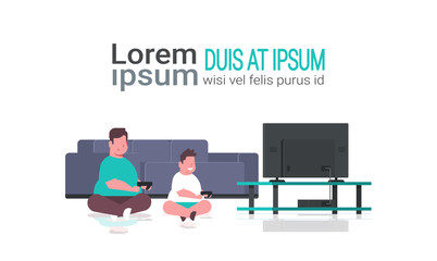 fat obese father with son holding joystick game pad overweight family plying video games on tv screen unhealthy lifestyle concept horizontal full length copy space