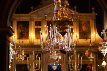 Beautiful and ancient silver candelabrum in the church of Saint Spiridon