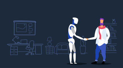casual man handshaking with robot agreement concept friendship between artificial intelligence robotic machine and human modern office interior sketch doodle horizontal