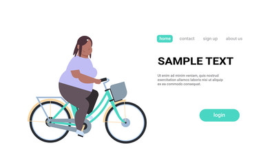 fat obese woman riding bike overweight girl cycling bicycle weight loss concept african american female cartoon character white background flat copy space horizontal