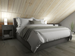 Bedroom on a dark floor against a wooden wall. 3d rendering