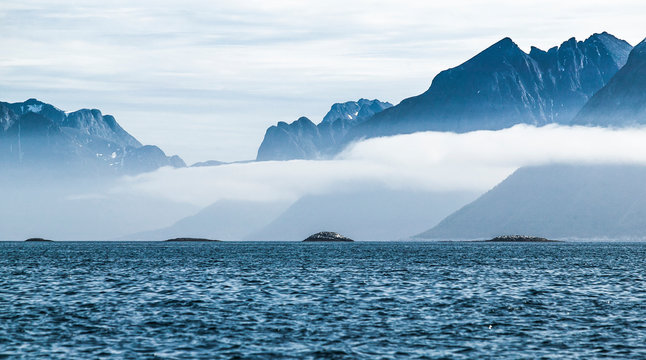 maritime fairway with navigation mark in the Vesteralen Islands, arctiac waters of northern Norway, Scandinavia