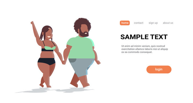 Fat Obese Couple Walking Together Overweight African American Man Woman In Love Holding Hands Summer Vacation Concept Holiday Travel Full Length Flat Horizontal Copy Space