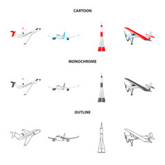 Vector illustration of plane and transport symbol. Collection of plane and sky stock vector illustration.