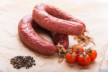 Food, national cuisine and delicious concept - Traditional Central Asian horse meat sausage