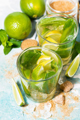fresh cold mojito cocktail, vertical top view