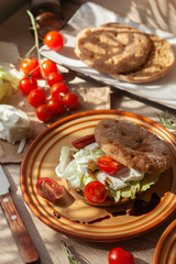 Breakfast, vegetarian burger, sandwich with healthy products