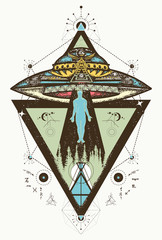 Mystical symbol paranormal phenomena, first contact, UFO kidnapped tourist from tent in mountains. Aliens kidnap human © intueri