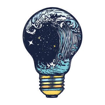 Storm in a light bulb. Great outdoors. Tsunami waves. Symbol of adventures boho style