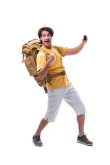 Young handsome tourist isolated on white 