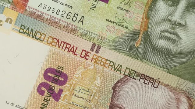 Peru currency sol notes rotating. Peruvian money. 4K stock video footage