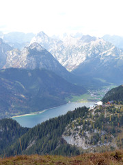 Top mountain view to the lake and river