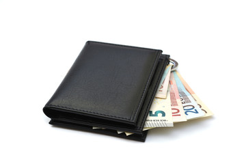 Photo on a white background - a purse with euro money. White background euro money. Banking business concept.