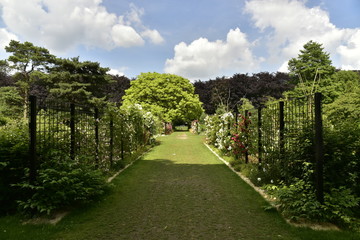 Allée en gazon entre deux clôtures garnies de fleurs au jardin des plantes du domaine provincial de Vrijbroekpark à Malines