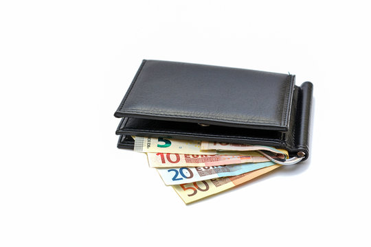 Photo on a white background - a purse with euro money. White background euro money. Banking business concept.