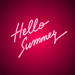 Hello summer neon sign. Neon sign, bright signboard, light banner
