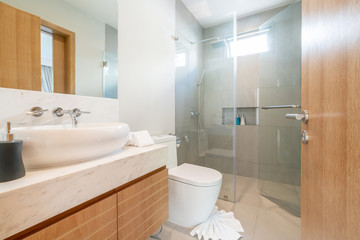 Fototapeta na wymiar Luxury bathroom features basin, toilet bowl home, house ,building