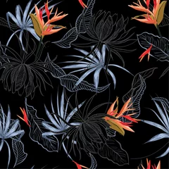 Gordijnen Kleurcontrast paradijsvogel en exotische bloem en bladeren naadloze patroon lijn handgetekende stijl © MSNTY_STUDIOX