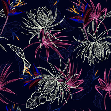 Dark tropical night exotic flower ,leaves and foliage forest seamless pattern vector in hand drawn style for fashion fabric and all prints on line sktech