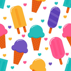 kawaii Cute Pastel Ice cream cone sweet desserts cartoon Seamless pattern with different types on White Background for cafe or restaurant. illustration Vector.