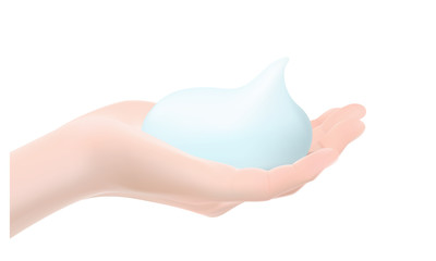Creamy foam on palm. Light blue color.