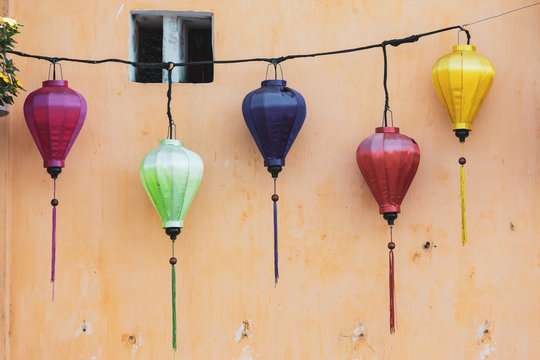 Traditional Paper Lantern Hanging At Old House In Hoi An , Vietnam