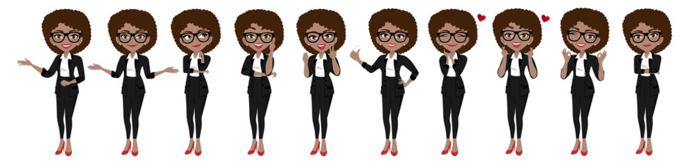 Businesswoman character or Businesswoman cartoon in different poses set vector illustration