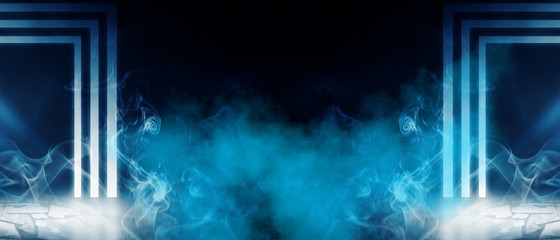 Background of empty dark scene with neon lights, laser figures. Smoke, reflection