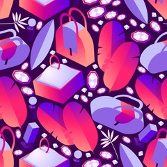 seamless pattern with isometric fashion woman accessories - bags, jewelry, decorated with leaves. Vivid gradient coloring