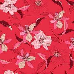 Trendy sweet Seamless blooming cherry blossom flowers and line background with foliage  Vector elegant . Wedding endless pattern in hand drawn style