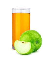 Glass of apple juice and cut apples isolated on white background